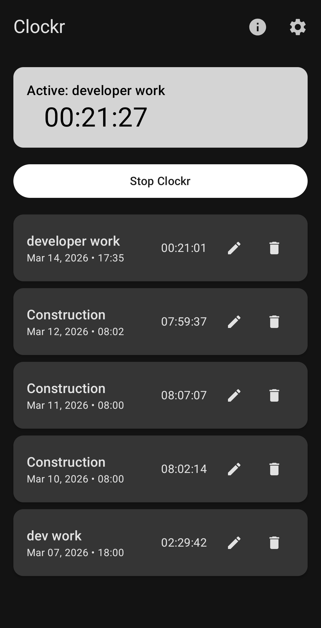 Clockr home screen with running timer and work log entries