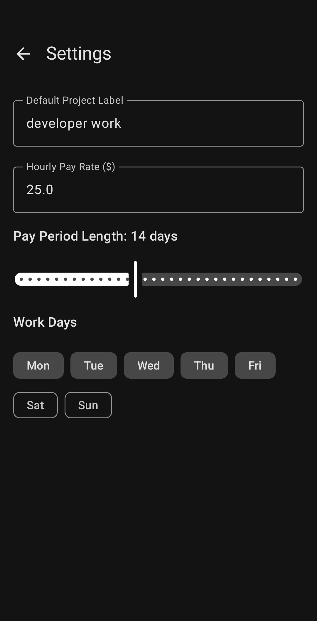 Clockr settings screen with default project, pay rate, and work day options