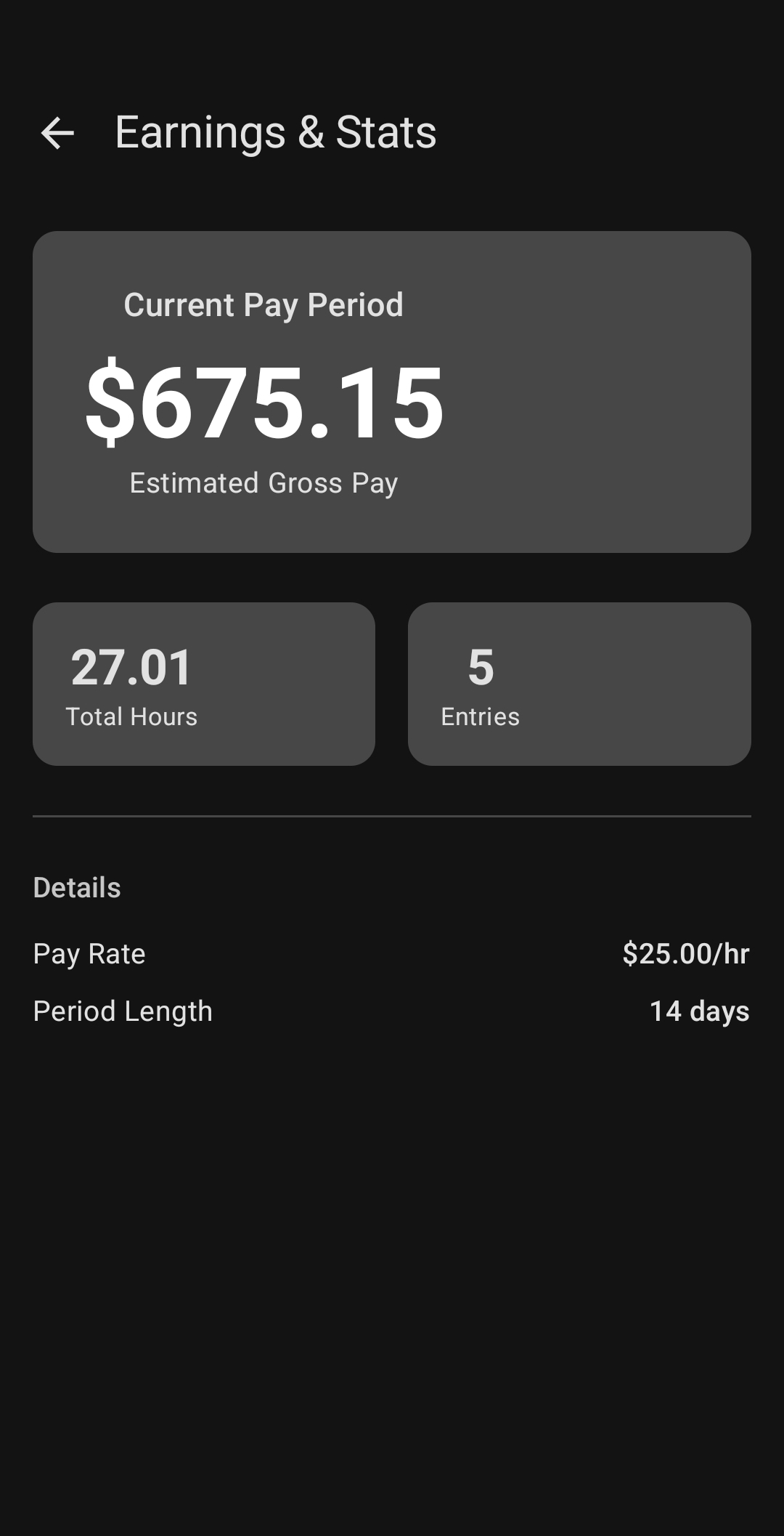 Clockr stats screen showing hours and estimated gross pay